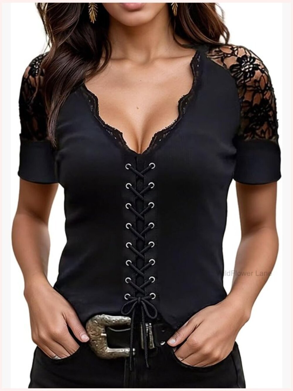 Short Sleeve V-Neck Lace Up Scallop Contrast Lace Blouse Summer Top Trendy